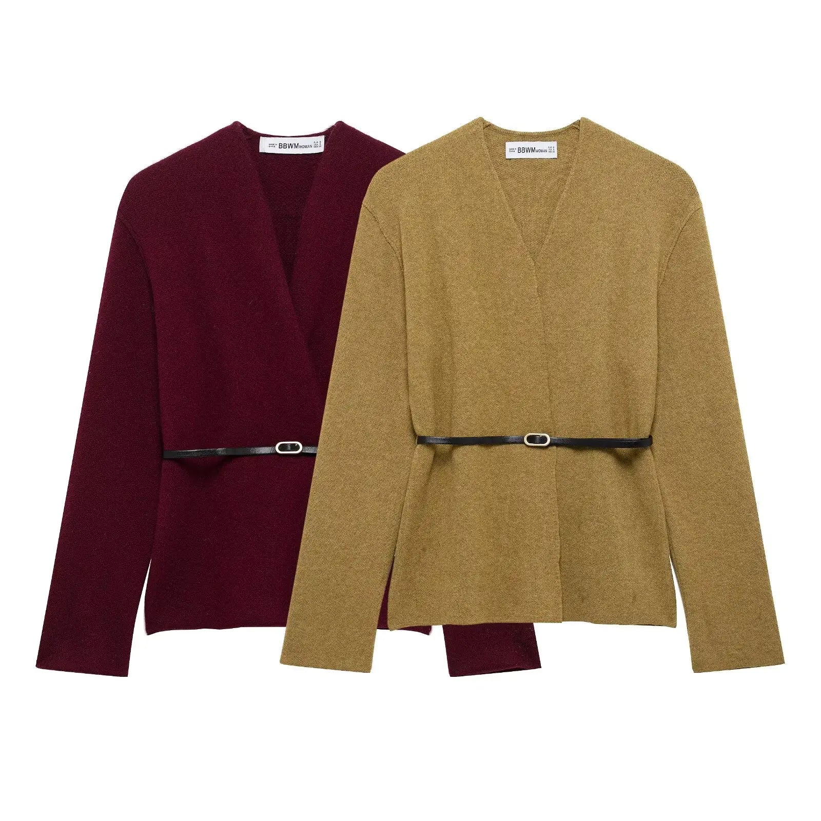 Belted Sweater V Neck Long Sleeve
